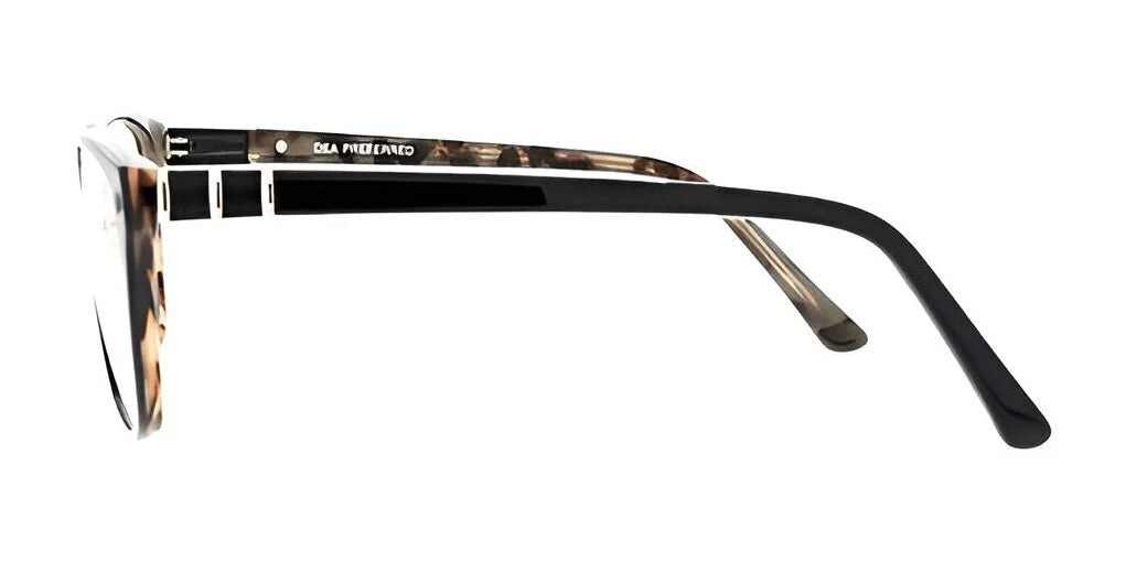 Side view of DEA Preferred FANO Eyeglasses featuring luxurious black and tortoiseshell-patterned arms and round frames, reminiscent of women's cat eye glasses. Side view of DEA Preferred FANO Eyeglasses featuring luxurious black and tortoiseshell-patterned arms and round frames, reminiscent of women's cat eye glasses.