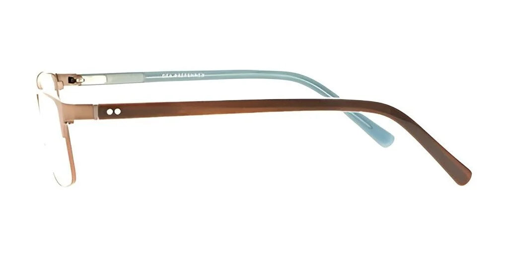 Side view of DEA Preferred MESSINA eyeglasses, size 57, with a metal frame and uniquely designed arms—one brown and one blue—set against a white background. Side view of DEA Preferred MESSINA eyeglasses, size 57, with a metal frame and uniquely designed arms—one brown and one blue—set against a white background.