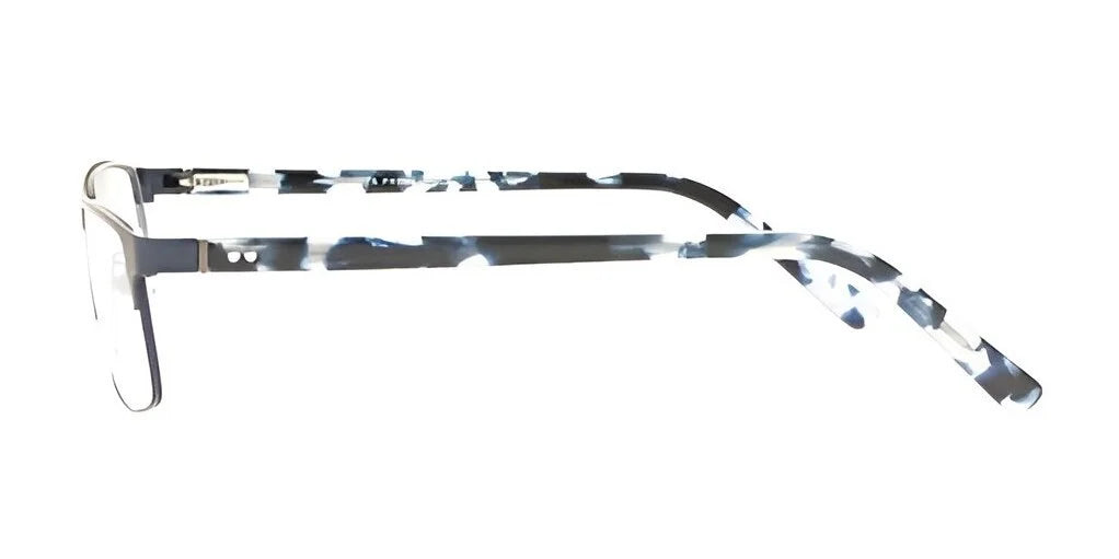 Side view of DEA Preferred MESSINA Eyeglasses, showcasing a black and white pattern. These slender rectangular frames offer elegance perfect for a sophisticated woman, with their sleek metal design adding a modern touch. Side view of DEA Preferred MESSINA Eyeglasses, showcasing a black and white pattern. These slender rectangular frames offer elegance perfect for a sophisticated woman, with their sleek metal design adding a modern touch.