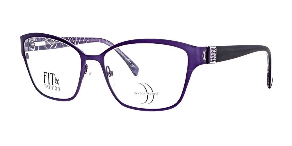 The DEA Preferred PRATO Eyeglasses, in size 60, showcase a fashionable cat eye design with a titanium frame. They come with purple lenses, black arms, and a patterned interior. The words "FIT & FASHION" are tastefully displayed on the lens. The DEA Preferred PRATO Eyeglasses, in size 60, showcase a fashionable cat eye design with a titanium frame. They come with purple lenses, black arms, and a patterned interior. The words "FIT & FASHION" are tastefully displayed on the lens.