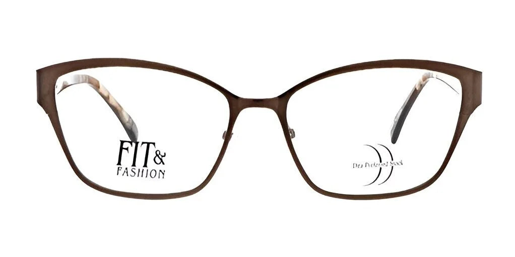 A pair of DEA Preferred PRATO Eyeglasses in a rich brown color, featuring a subtle cat-eye shape and the "Fit & Fashion" text on the left lens. A pair of DEA Preferred PRATO Eyeglasses in a rich brown color, featuring a subtle cat-eye shape and the "Fit & Fashion" text on the left lens.