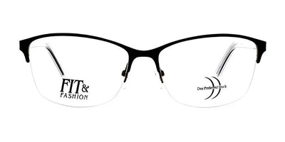 The DEA Preferred TERAMO Eyeglasses | Size 59 boast a chic appearance, featuring black half-rim frames embossed with "FIT & FASHION" on the left lens and a stylish design logo on the right.