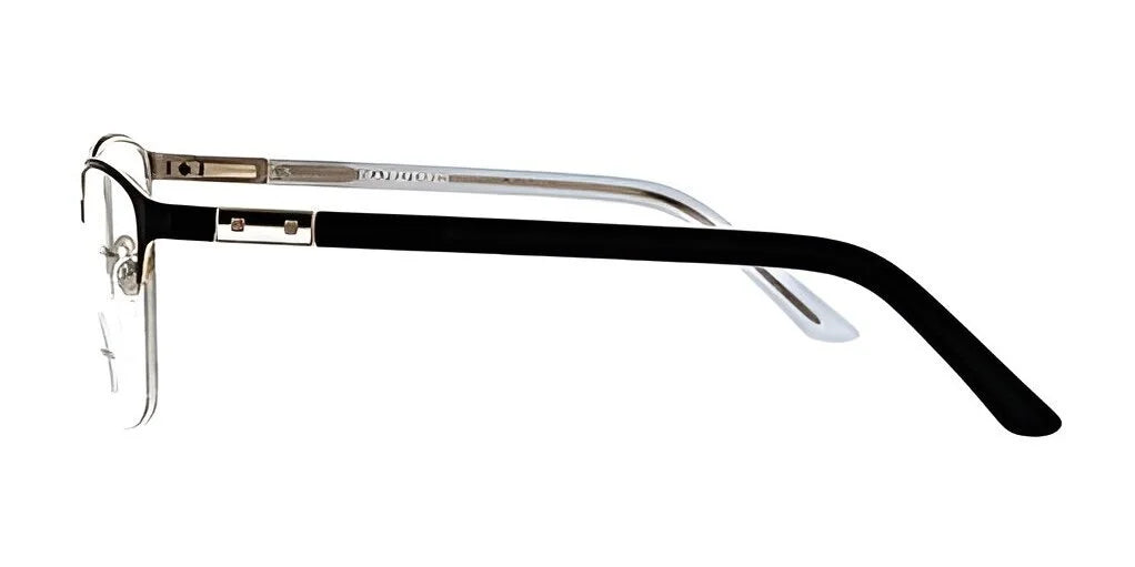 Side view of DEA Preferred TERAMO Eyeglasses, showcasing their sleek black and silver rectangular frames with a slim design and metal accents, ideal for achieving a chic look. Side view of DEA Preferred TERAMO Eyeglasses, showcasing their sleek black and silver rectangular frames with a slim design and metal accents, ideal for achieving a chic look.