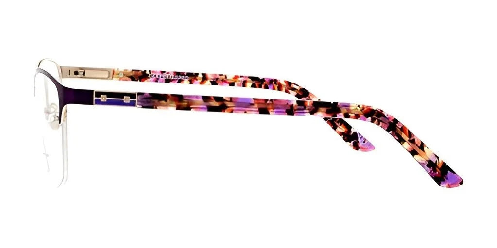 Side view of the chic DEA Preferred TERAMO Eyeglasses in Size 59, showcasing stylish frames with colorful patterns in shades of purple, pink, and orange. Side view of the chic DEA Preferred TERAMO Eyeglasses in Size 59, showcasing stylish frames with colorful patterns in shades of purple, pink, and orange.