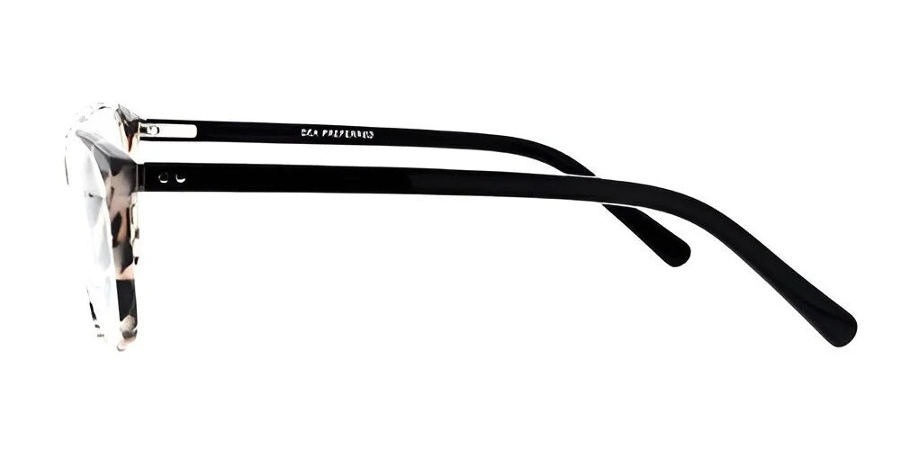 Side view of fashionable DEA Preferred TRIESTE Eyeglasses | Size 59, showcasing black accents on transparent frames against a white backdrop. Side view of fashionable DEA Preferred TRIESTE Eyeglasses | Size 59, showcasing black accents on transparent frames against a white backdrop.