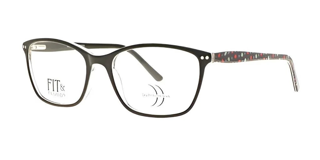 The DEA Preferred VERONA Eyeglasses, size 56, showcase black rectangular frames with uniquely patterned temples set against a white background, all in a full-rim design. The DEA Preferred VERONA Eyeglasses, size 56, showcase black rectangular frames with uniquely patterned temples set against a white background, all in a full-rim design.