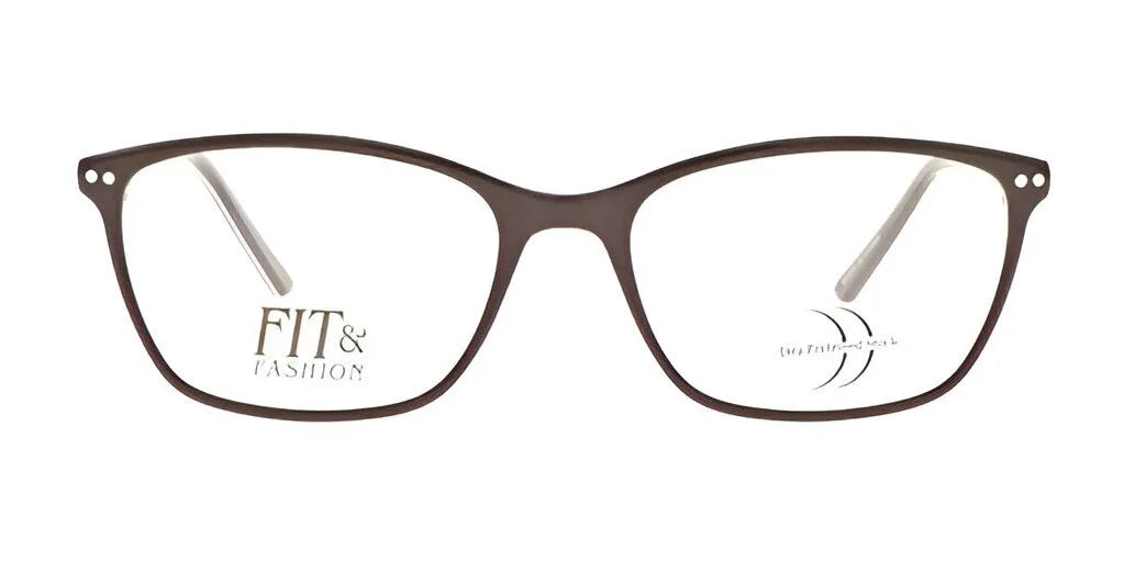 The DEA Preferred VERONA Eyeglasses in size 56 boast brown rectangular full-rim frames and clear lenses, with the "FIT & FASHION" text elegantly displayed on one lens. The DEA Preferred VERONA Eyeglasses in size 56 boast brown rectangular full-rim frames and clear lenses, with the "FIT & FASHION" text elegantly displayed on one lens.
