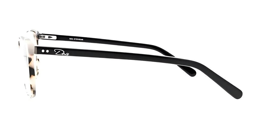 Side view of the stylish, cat-eye DEA Eyewear SHE SHE Eyeglasses in black and white, featuring a designer logo on the temple. Side view of the stylish, cat-eye DEA Eyewear SHE SHE Eyeglasses in black and white, featuring a designer logo on the temple.