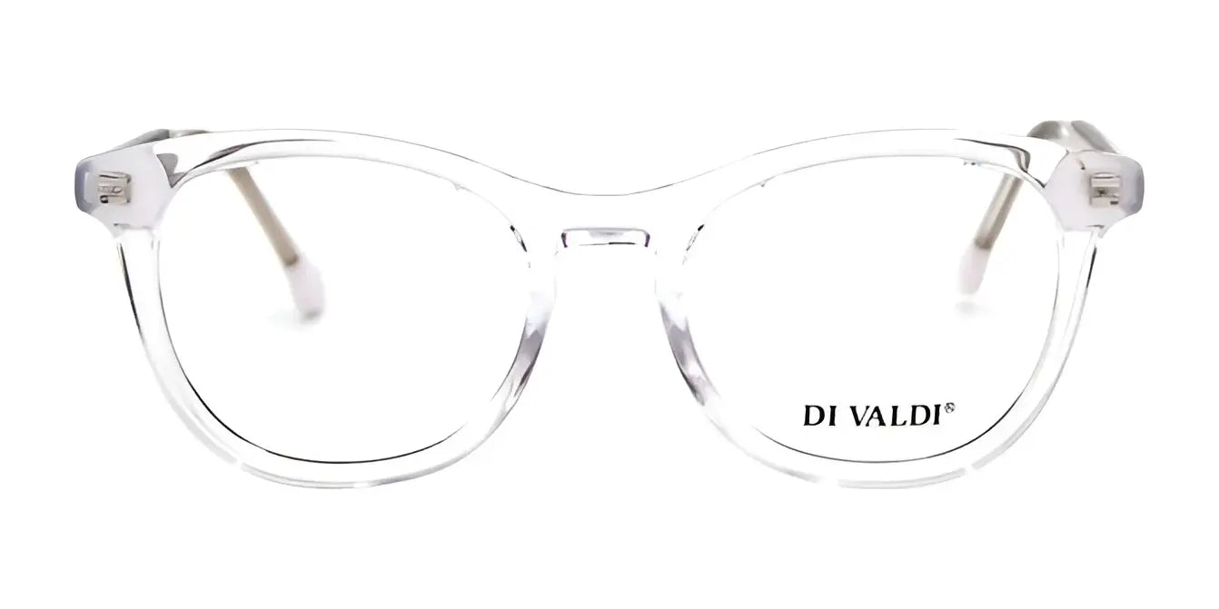 Di Valdi DVO8252 eyeglasses feature clear plastic, round lenses, a full-rim design, and the Di Valdi brand name on the right lens. Di Valdi DVO8252 eyeglasses feature clear plastic, round lenses, a full-rim design, and the Di Valdi brand name on the right lens.