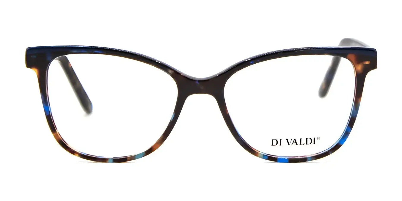 Women's cat eye eyeglasses by Di Valdi, model DVO8254, feature a chic tortoiseshell design and "DI VALDI" on the right lens for a stylish statement. Women's cat eye eyeglasses by Di Valdi, model DVO8254, feature a chic tortoiseshell design and "DI VALDI" on the right lens for a stylish statement.