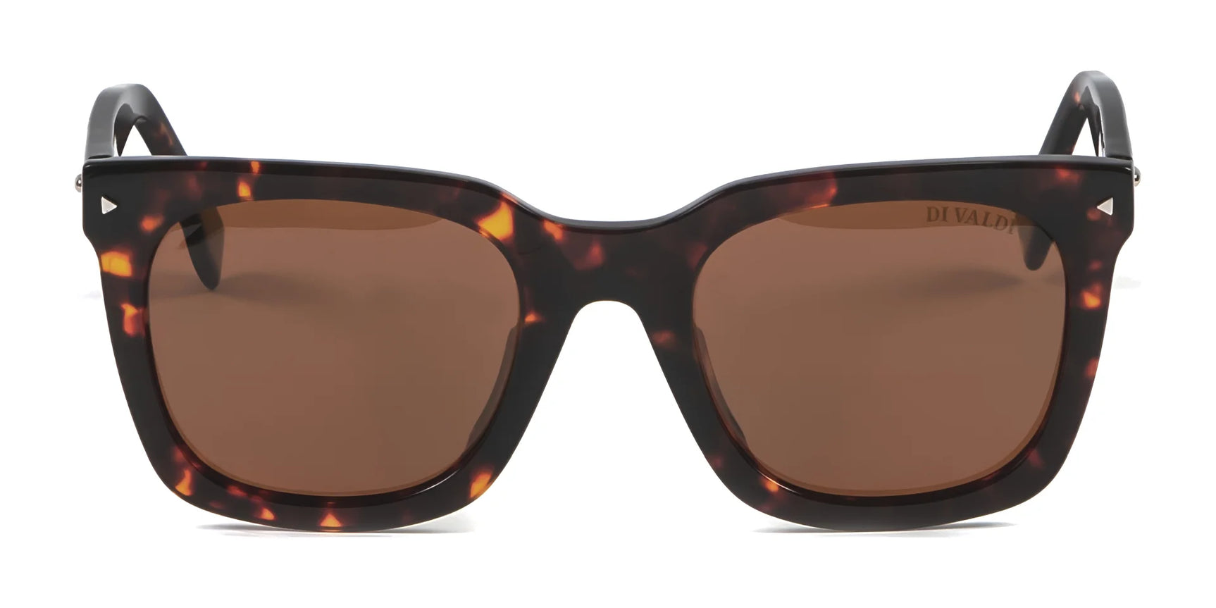 Di Valdi DV0147 tortoiseshell square sunglasses with brown polarized lenses and UV protection, displayed from the front on a white background. Di Valdi DV0147 tortoiseshell square sunglasses with brown polarized lenses and UV protection, displayed from the front on a white background.