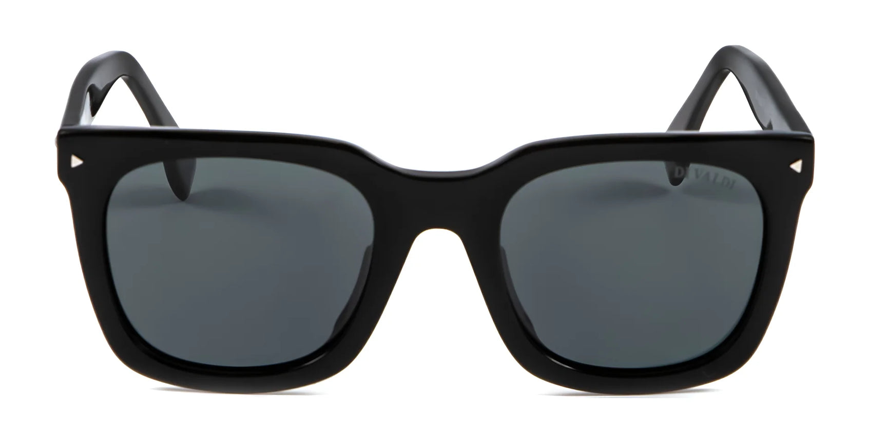 The Di Valdi DV0147 Sunglasses | Size 49 feature a black rectangular frame with dark lenses, viewed from the front on a white background, and provide reliable UV protection. The Di Valdi DV0147 Sunglasses | Size 49 feature a black rectangular frame with dark lenses, viewed from the front on a white background, and provide reliable UV protection.