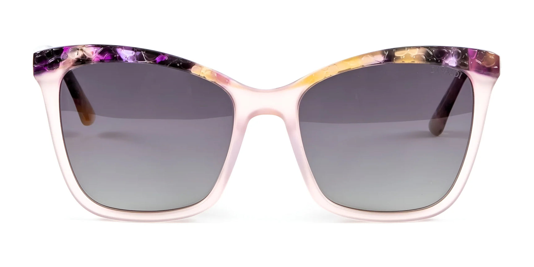 Di Valdi DV0158 Sunglasses by Di Valdi feature a cat-eye shape, light pink frame with a multicolored top edge, and dark UV-protected lenses. Di Valdi DV0158 Sunglasses by Di Valdi feature a cat-eye shape, light pink frame with a multicolored top edge, and dark UV-protected lenses.