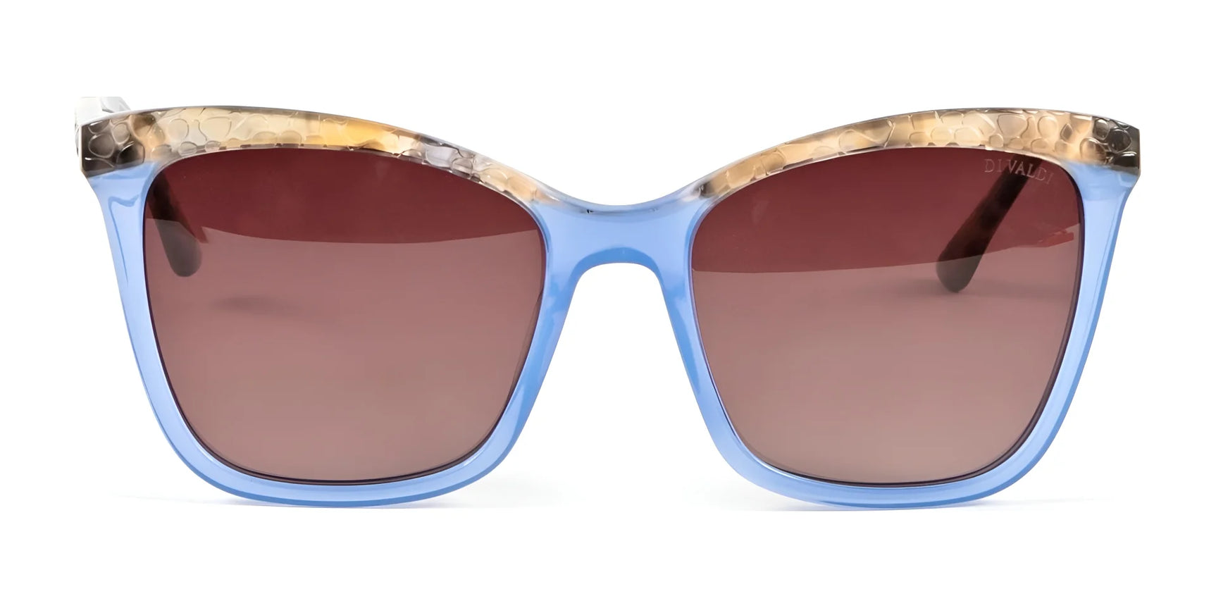 Di Valdi DV0158 Sunglasses by Di Valdi: blue cat eye frames with a textured, translucent brown top, brown gradient lenses, and reliable UV protection. Di Valdi DV0158 Sunglasses by Di Valdi: blue cat eye frames with a textured, translucent brown top, brown gradient lenses, and reliable UV protection.