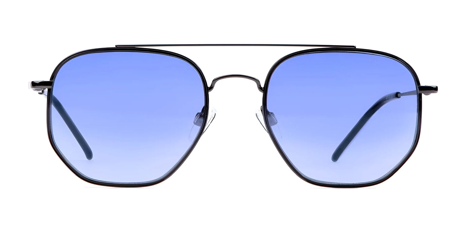 Di Valdi DV0165 Sunglasses (Size 54) feature a geometric aviator shape and blue gradient lenses, shown front-facing on a white background. Stylish UV protection by Di Valdi. Di Valdi DV0165 Sunglasses (Size 54) feature a geometric aviator shape and blue gradient lenses, shown front-facing on a white background. Stylish UV protection by Di Valdi.