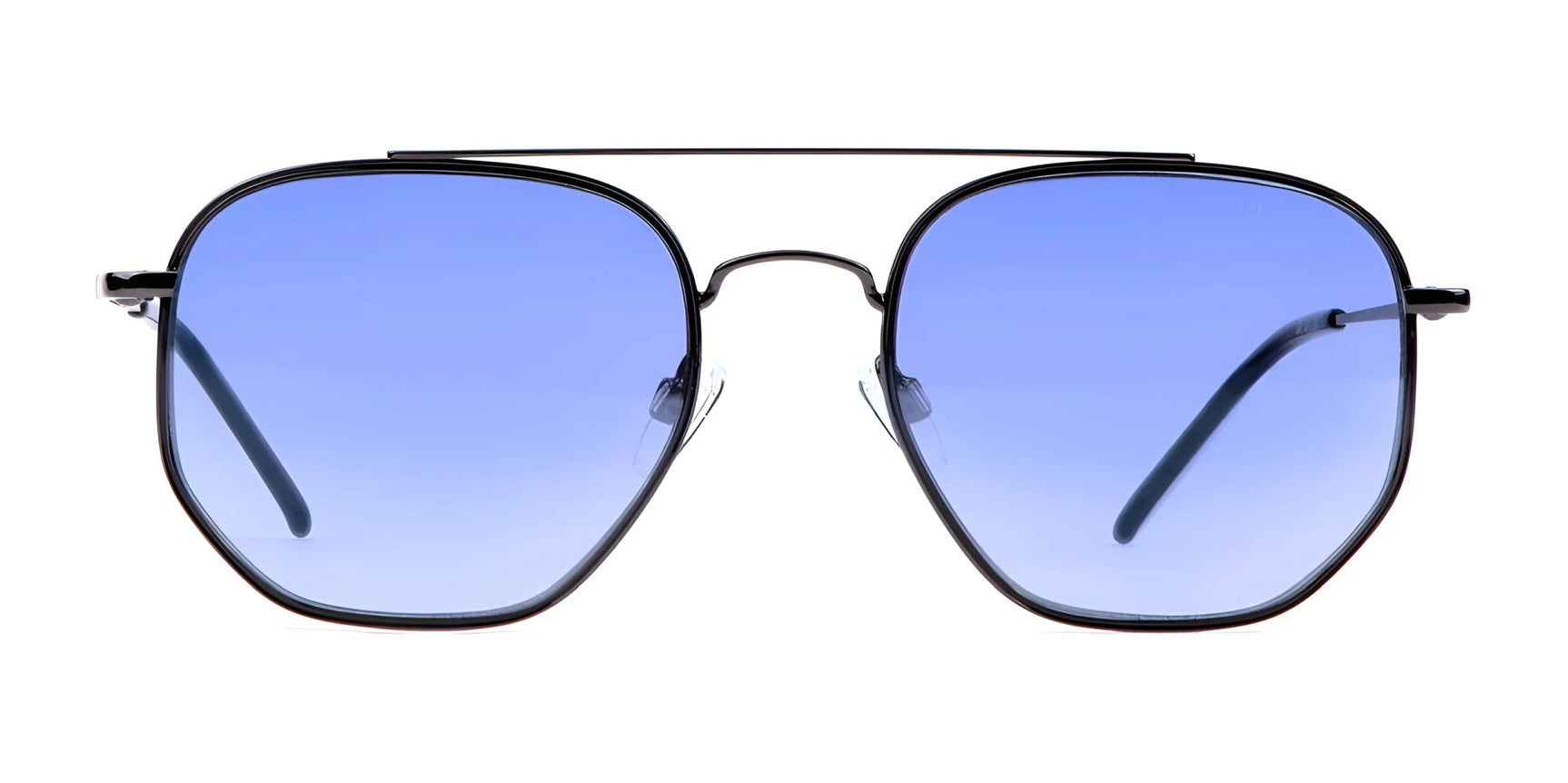 Di Valdi DV0165 Sunglasses (Size 54) feature a geometric aviator shape and blue gradient lenses, shown front-facing on a white background. Stylish UV protection by Di Valdi. Di Valdi DV0165 Sunglasses (Size 54) feature a geometric aviator shape and blue gradient lenses, shown front-facing on a white background. Stylish UV protection by Di Valdi.