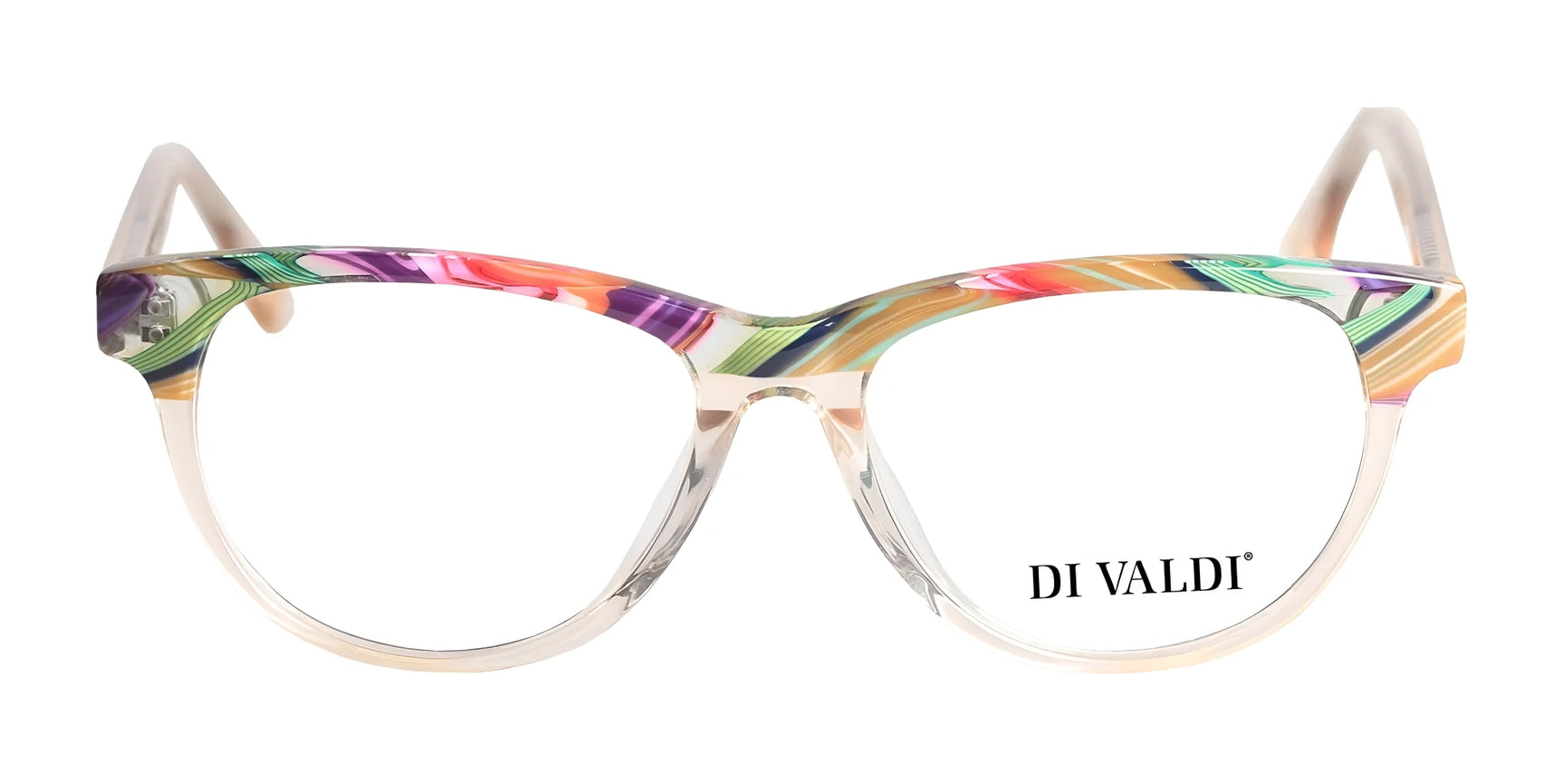 Di Valdi DVO8106 Eyeglasses | Size 51 feature colorful cat-eye frames with multicolored patterns and the “DI VALDI” logo on the right lens. Prescription-ready for everyday comfort and style. Di Valdi DVO8106 Eyeglasses | Size 51 feature colorful cat-eye frames with multicolored patterns and the “DI VALDI” logo on the right lens. Prescription-ready for everyday comfort and style.