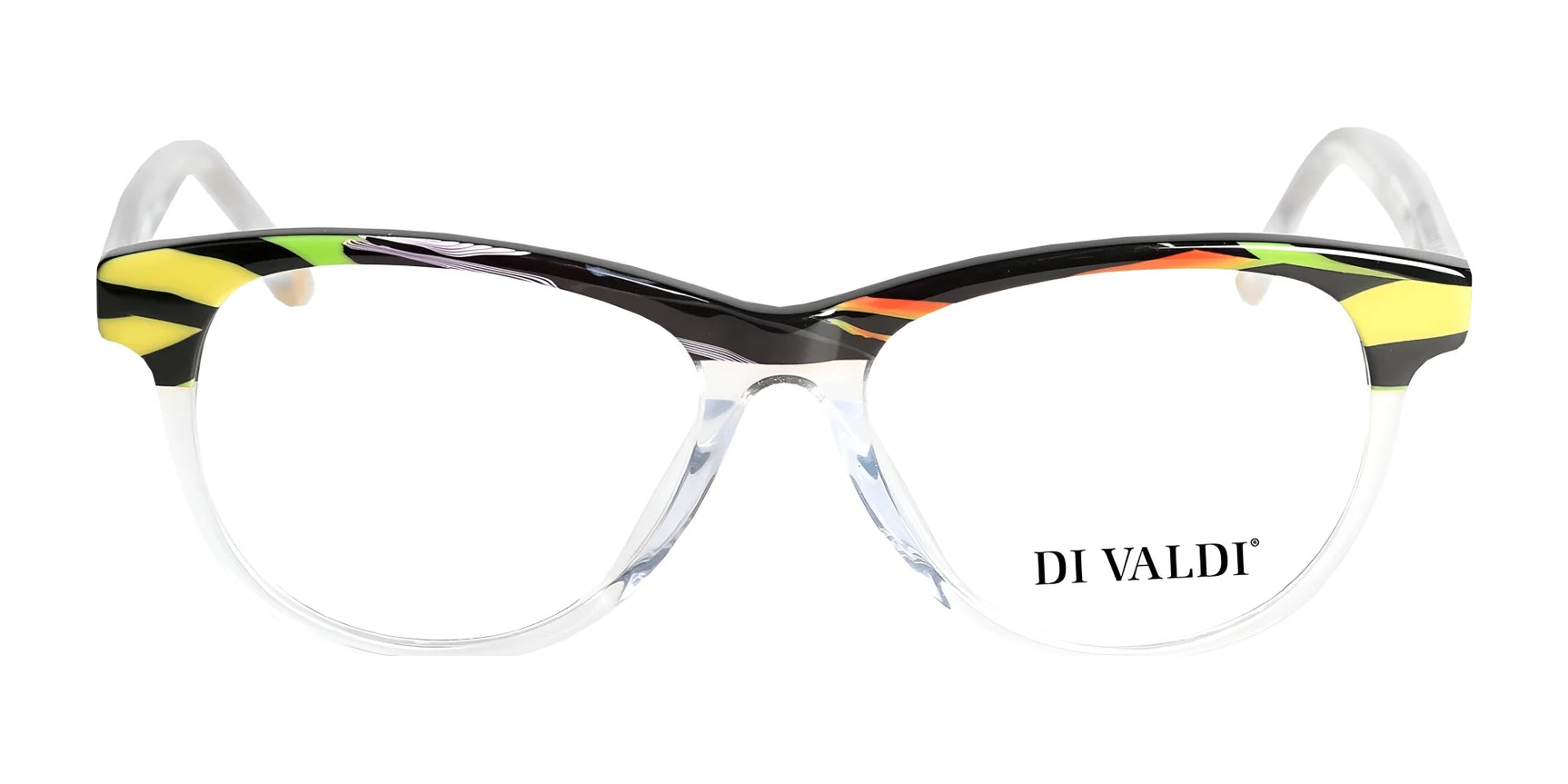 Di Valdi DVO8106 Eyeglasses | Size 51 feature colorful accents, clear lower rims, and "DI VALDI" branding on the lens. Prescription ready to suit your vision needs. Di Valdi DVO8106 Eyeglasses | Size 51 feature colorful accents, clear lower rims, and "DI VALDI" branding on the lens. Prescription ready to suit your vision needs.