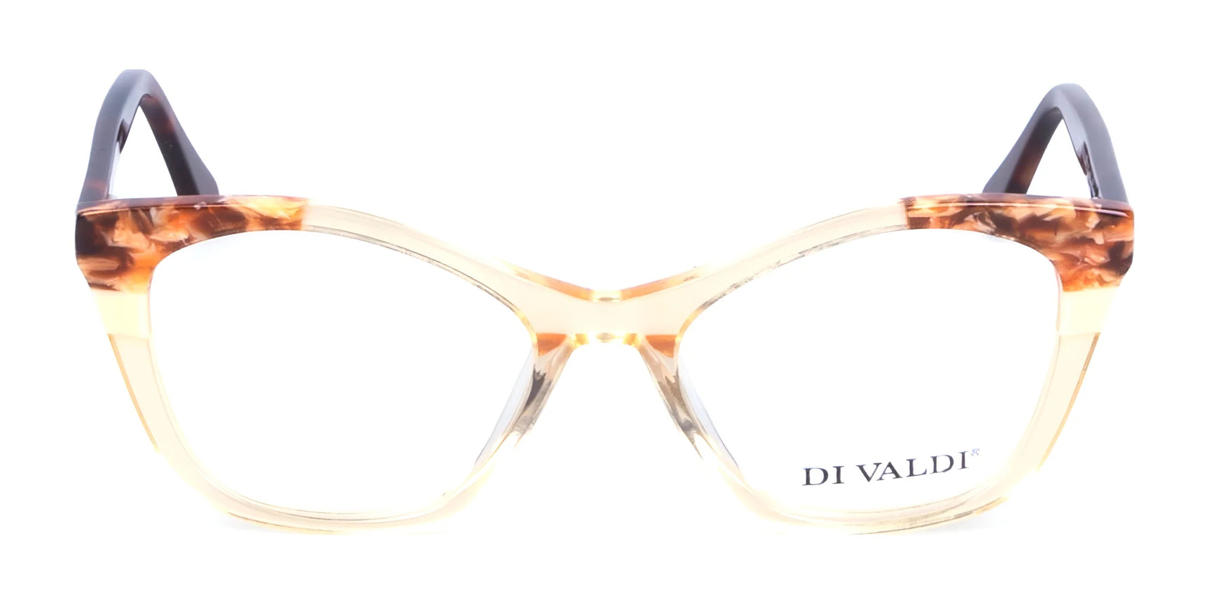 Di Valdi DVO8121 Eyeglasses | Size 52 offer a stylish women’s cat eye shape with a chic tortoiseshell design and signature Di Valdi branding on the right lens, front view. Di Valdi DVO8121 Eyeglasses | Size 52 offer a stylish women’s cat eye shape with a chic tortoiseshell design and signature Di Valdi branding on the right lens, front view.
