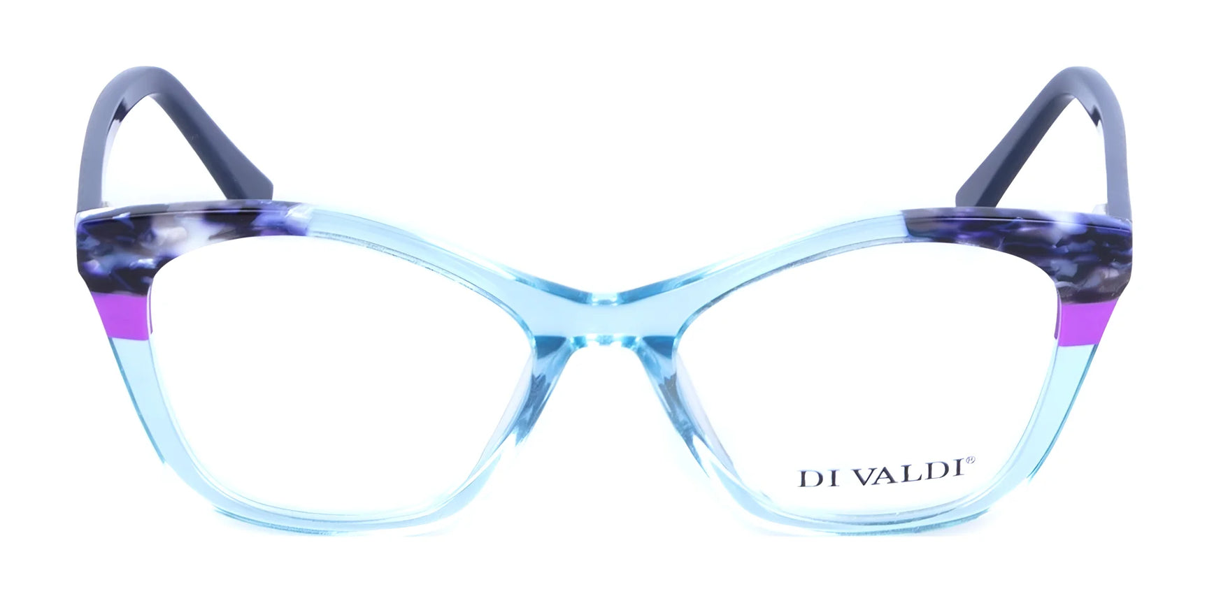Di Valdi DVO8121 Eyeglasses (Size 52) for women feature stylish blue and purple cat eye frames with clear lenses and the "DI VALDI" logo. Di Valdi DVO8121 Eyeglasses (Size 52) for women feature stylish blue and purple cat eye frames with clear lenses and the "DI VALDI" logo.
