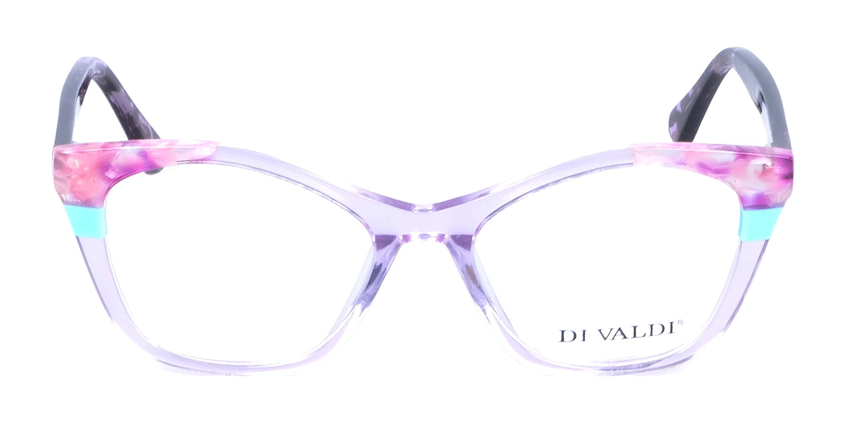 Di Valdi DVO8121 Eyeglasses (Size 52) for women feature clear cat-eye frames with purple, pink, and turquoise accents and “DI VALDI” branding on one lens—a stylish choice from Di Valdi. Di Valdi DVO8121 Eyeglasses (Size 52) for women feature clear cat-eye frames with purple, pink, and turquoise accents and “DI VALDI” branding on one lens—a stylish choice from Di Valdi.