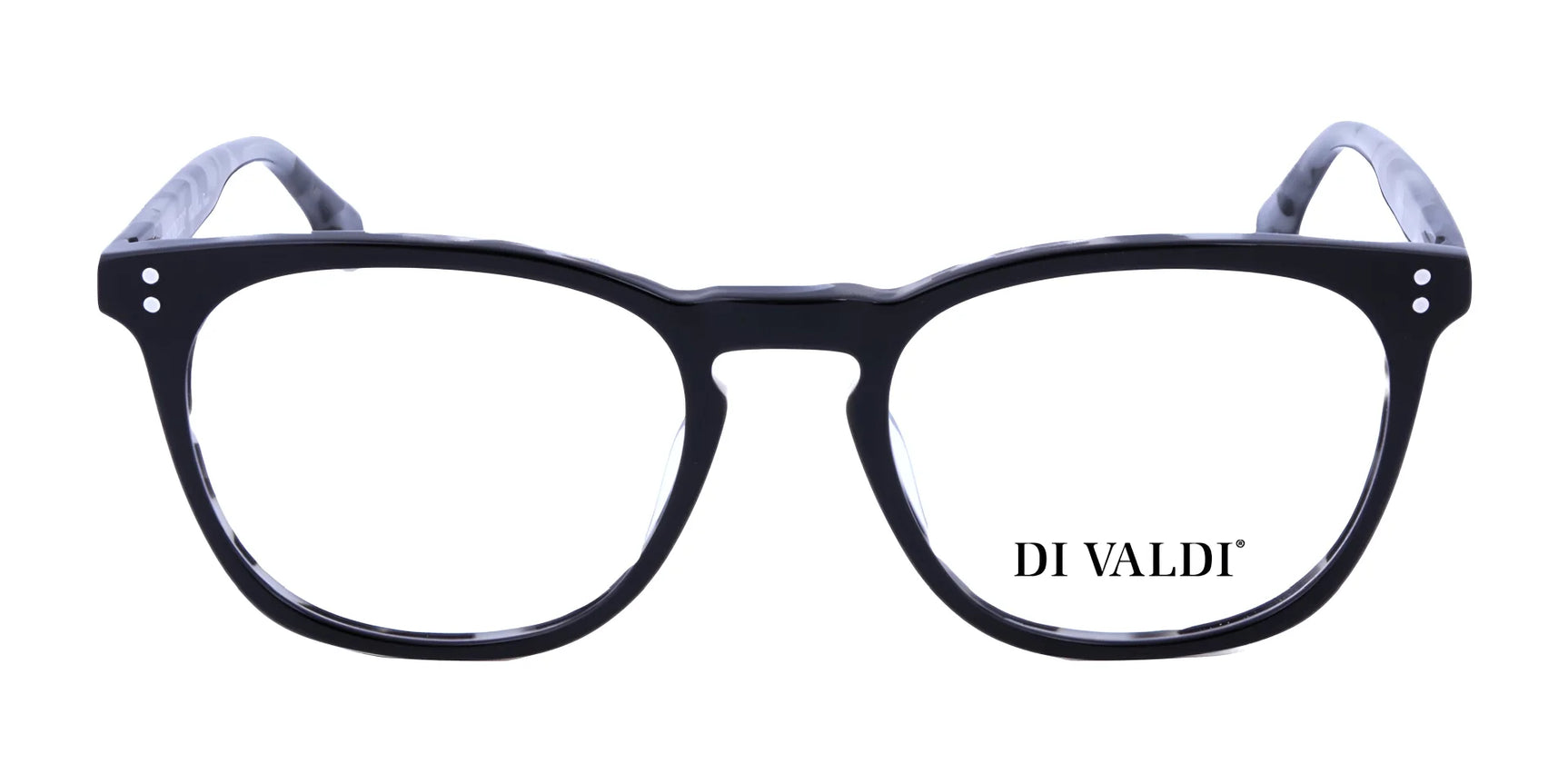 Di Valdi DVO8123 Eyeglasses (Size 52), black cat eye frames, prescription ready with "DI VALDI" on the right lens, shown on a white background. Brand: Di Valdi. Di Valdi DVO8123 Eyeglasses (Size 52), black cat eye frames, prescription ready with "DI VALDI" on the right lens, shown on a white background. Brand: Di Valdi.