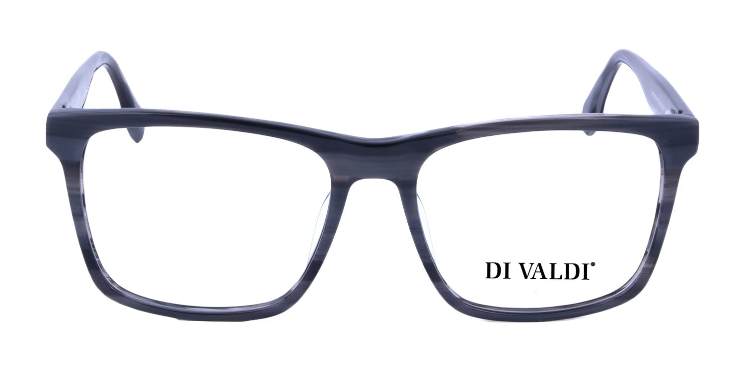 Front view of dark rectangular Di Valdi DVO8124 Eyeglasses (Size 55) with the "DI VALDI" logo on the right lens, featuring an anti-glare coating for clear vision. Front view of dark rectangular Di Valdi DVO8124 Eyeglasses (Size 55) with the "DI VALDI" logo on the right lens, featuring an anti-glare coating for clear vision.