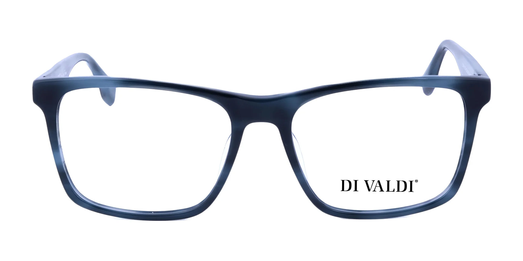 Di Valdi DVO8124 rectangular blue eyeglasses, size 55, feature an anti-glare coating and the "DI VALDI" logo on the right lens, shown against a white background. Di Valdi DVO8124 rectangular blue eyeglasses, size 55, feature an anti-glare coating and the "DI VALDI" logo on the right lens, shown against a white background.