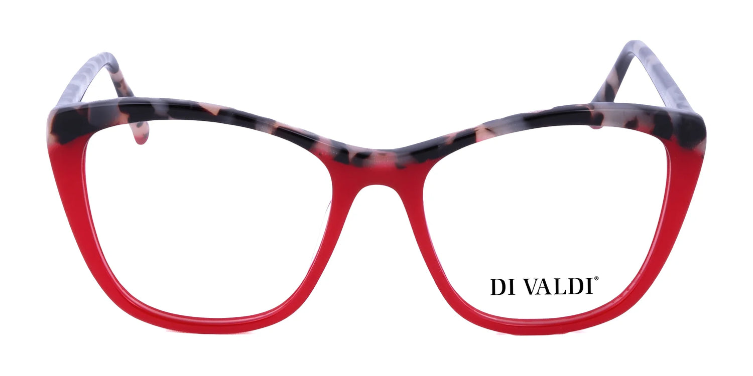 Di Valdi DVO8126 eyeglasses in red and black acetate with a cat eye shape, featuring the Di Valdi logo on the right lens. Size 52. Di Valdi DVO8126 eyeglasses in red and black acetate with a cat eye shape, featuring the Di Valdi logo on the right lens. Size 52.