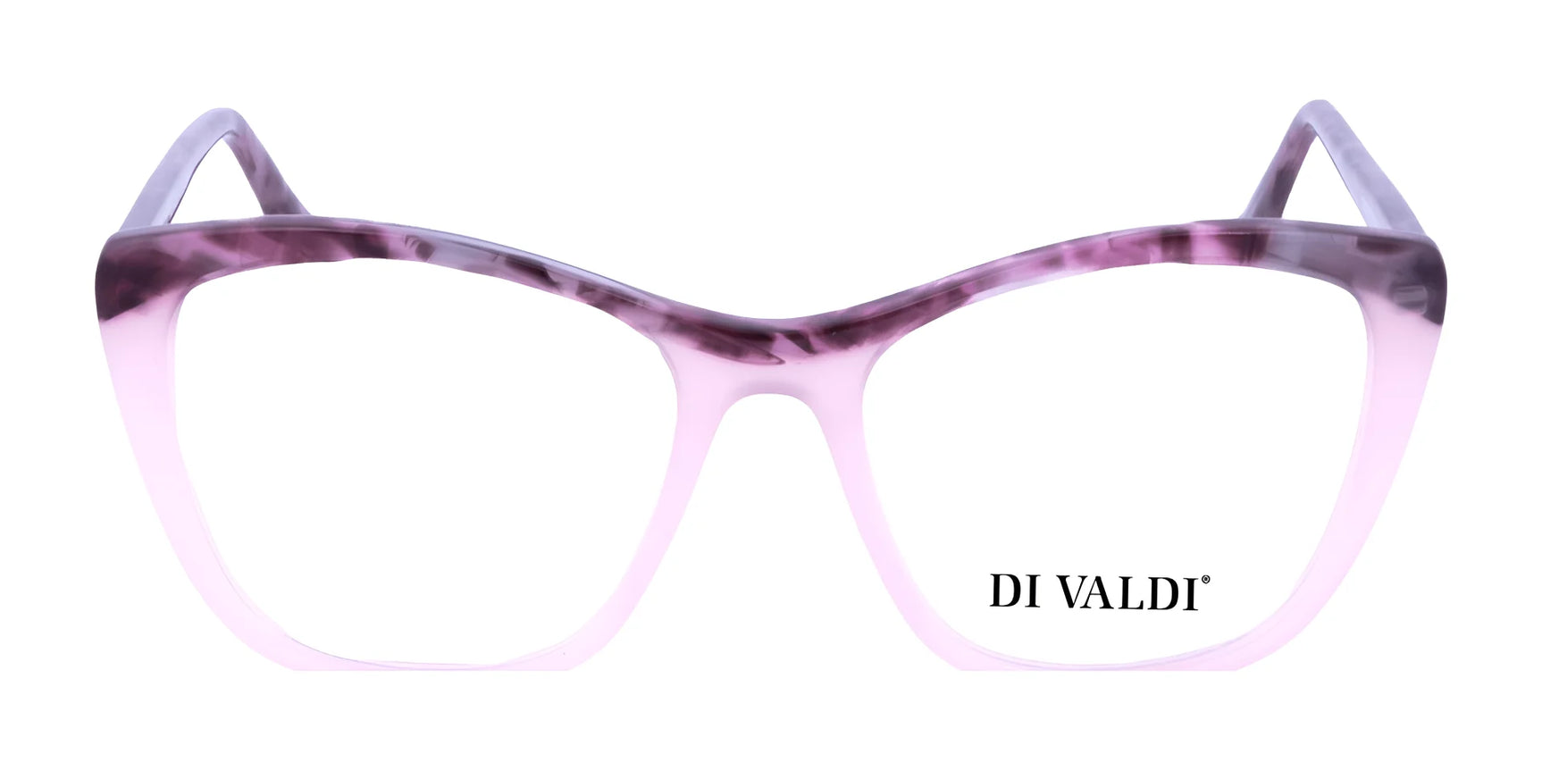 The Di Valdi DVO8126 Eyeglasses | Size 52 feature a purple and pink cat-eye design made from durable acetate, with "Di Valdi" branding on the right lens. The Di Valdi DVO8126 Eyeglasses | Size 52 feature a purple and pink cat-eye design made from durable acetate, with "Di Valdi" branding on the right lens.