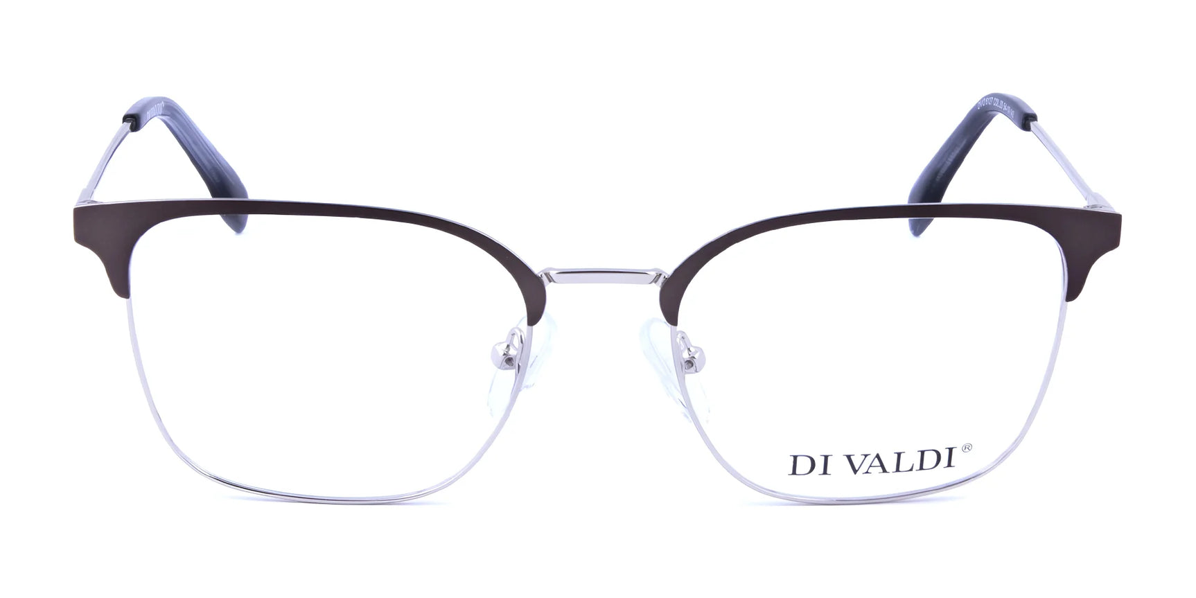 Front view of Di Valdi DVO8127 Eyeglasses | Size 54 in black and silver, featuring clear, prescription-ready lenses, shown on a white background. Front view of Di Valdi DVO8127 Eyeglasses | Size 54 in black and silver, featuring clear, prescription-ready lenses, shown on a white background.
