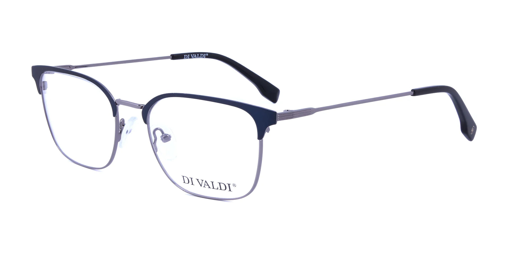 Di Valdi DVO8127 Eyeglasses by Di Valdi feature a silver and black semi-rimless design with thin metal frames and clear lenses, offering stylish, prescription-ready eyewear in size 54. Di Valdi DVO8127 Eyeglasses by Di Valdi feature a silver and black semi-rimless design with thin metal frames and clear lenses, offering stylish, prescription-ready eyewear in size 54.