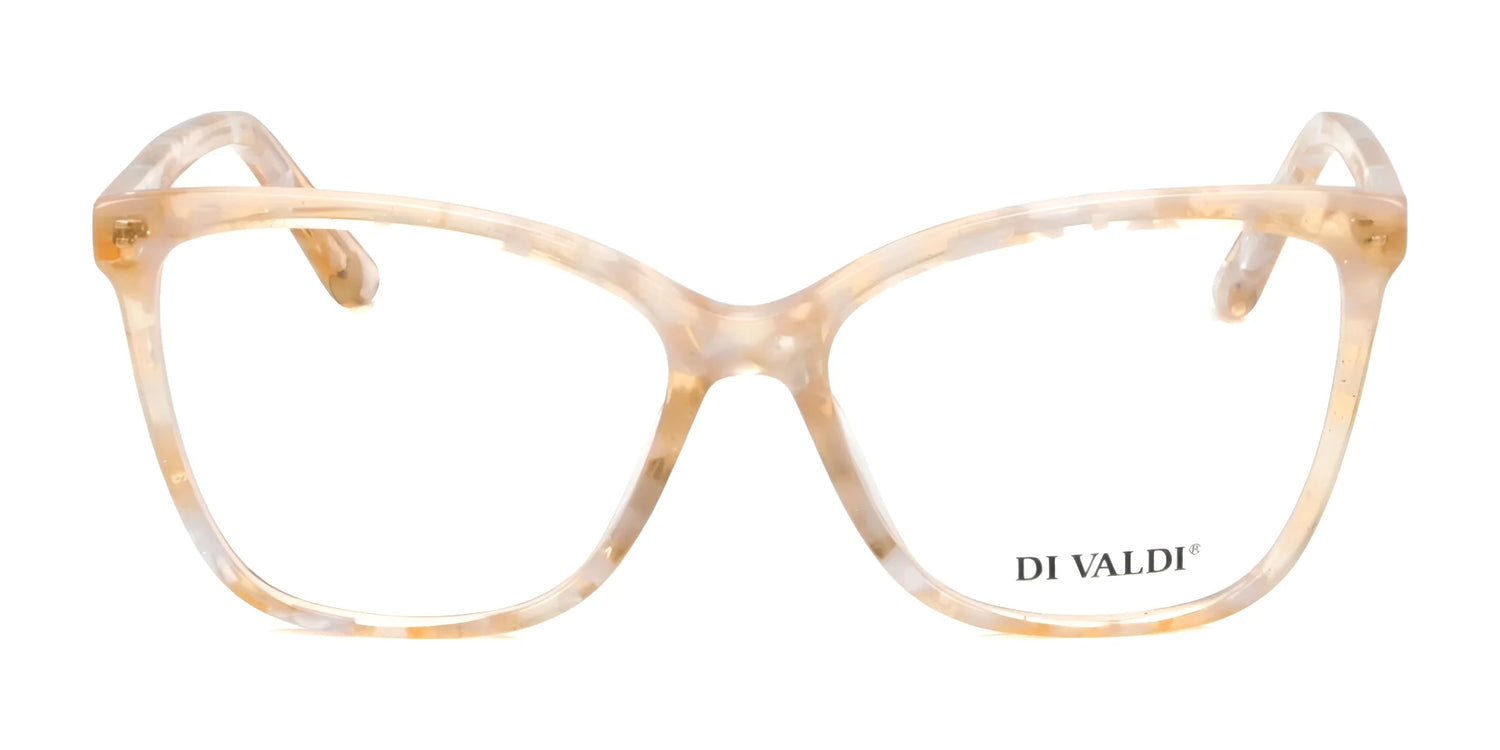 Di Valdi DVO8142 Eyeglasses: translucent beige cat-eye frames with the "DI VALDI" logo on the right lens—ideal for women seeking stylish, elegant eyewear. Di Valdi DVO8142 Eyeglasses: translucent beige cat-eye frames with the "DI VALDI" logo on the right lens—ideal for women seeking stylish, elegant eyewear.