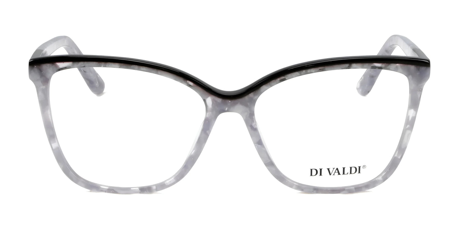 Translucent gray cat-eye Di Valdi DVO8142 eyeglasses for women with a black top rim and "DI VALDI" logo on the right lens, exuding classic elegance. Translucent gray cat-eye Di Valdi DVO8142 eyeglasses for women with a black top rim and "DI VALDI" logo on the right lens, exuding classic elegance.
