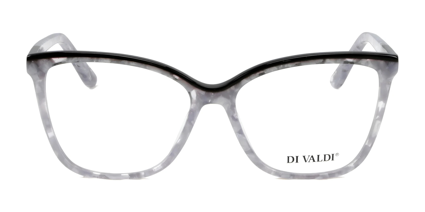 Translucent gray cat-eye Di Valdi DVO8142 eyeglasses for women with a black top rim and "DI VALDI" logo on the right lens, exuding classic elegance. Translucent gray cat-eye Di Valdi DVO8142 eyeglasses for women with a black top rim and "DI VALDI" logo on the right lens, exuding classic elegance.
