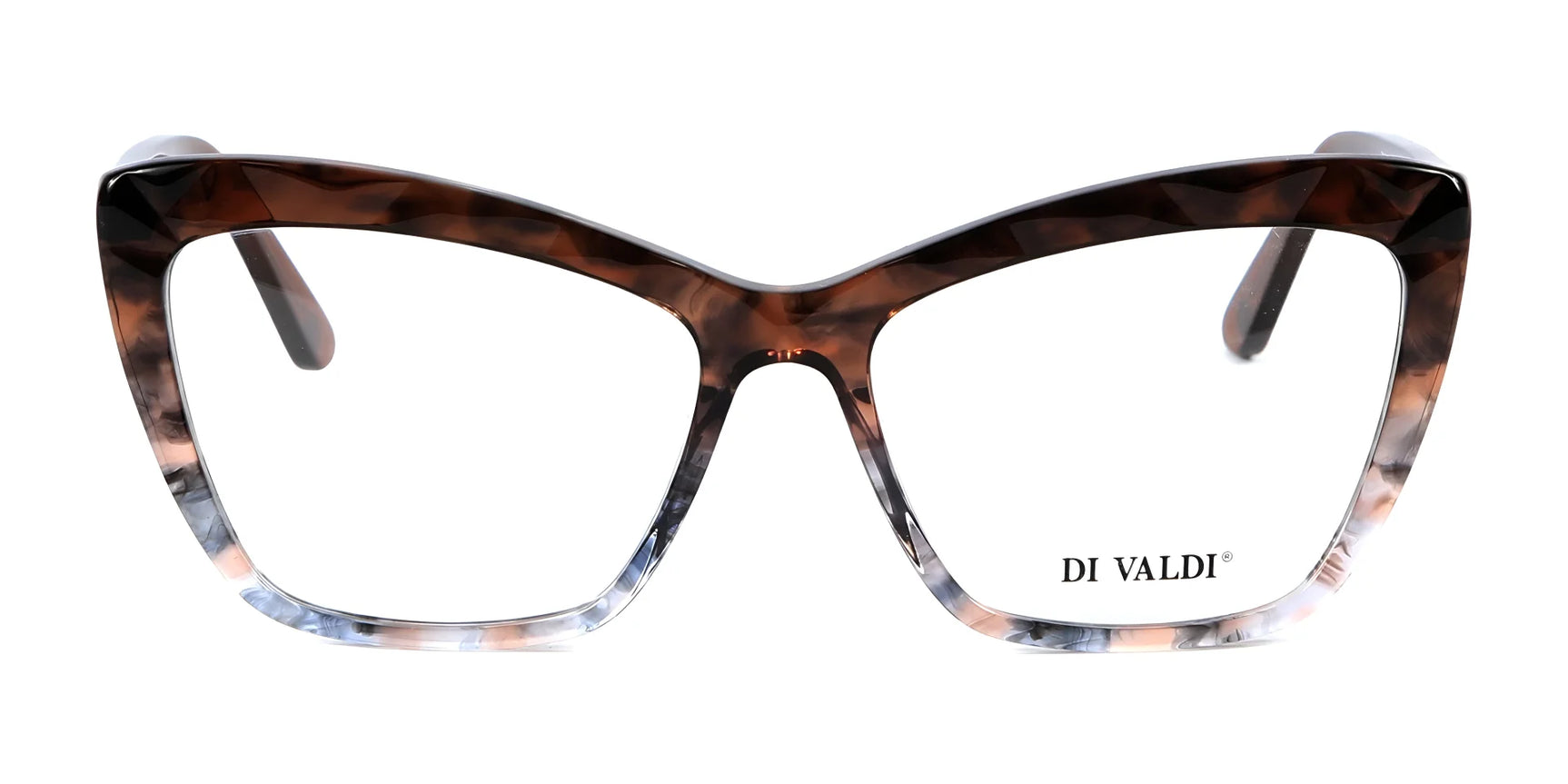 The Di Valdi DVO8147 Eyeglasses | Size 54 feature a cat eye shape, lightweight build, brown and gray tortoiseshell pattern, and the DI VALDI logo on the lens—combining style and comfort from Di Valdi. The Di Valdi DVO8147 Eyeglasses | Size 54 feature a cat eye shape, lightweight build, brown and gray tortoiseshell pattern, and the DI VALDI logo on the lens—combining style and comfort from Di Valdi.