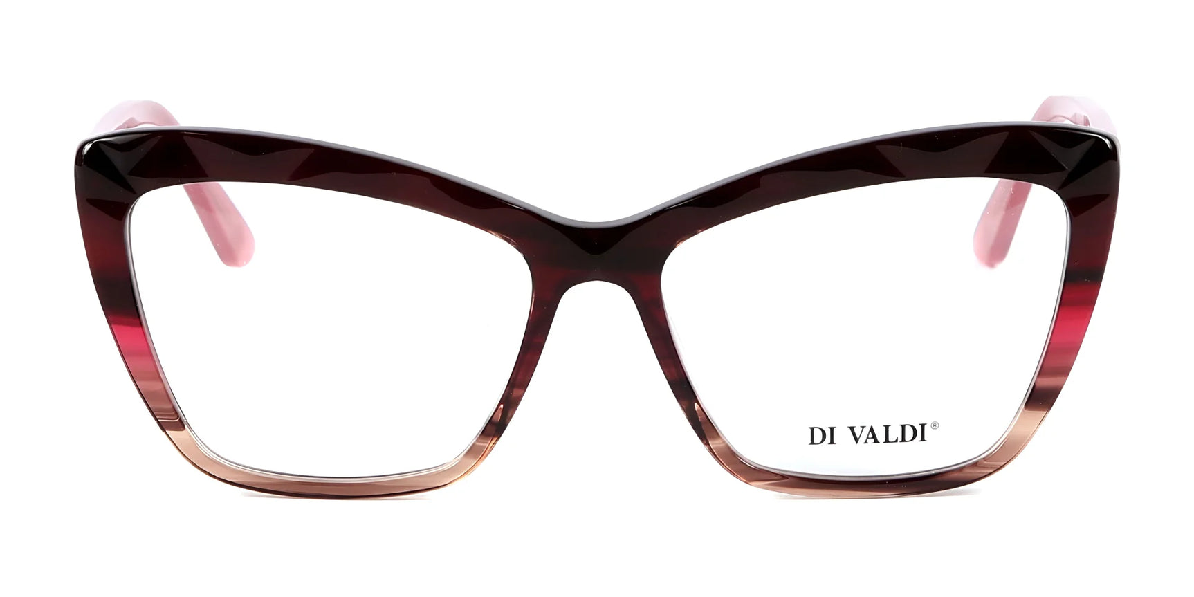 The Di Valdi DVO8147 Eyeglasses (Size 54) feature brown and pink cat-eye frames made from lightweight materials, with the Di Valdi logo on the right lens. The Di Valdi DVO8147 Eyeglasses (Size 54) feature brown and pink cat-eye frames made from lightweight materials, with the Di Valdi logo on the right lens.