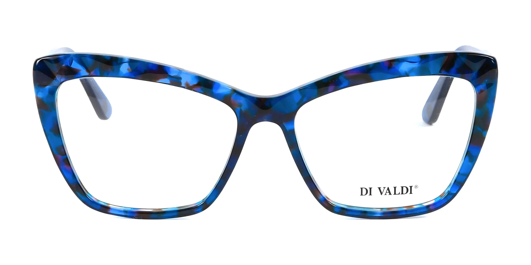 The Di Valdi DVO8147 Eyeglasses (Size 54) feature a chic blue tortoiseshell cat eye design, lightweight materials for all-day comfort, and the "DI VALDI" logo on the right lens. The Di Valdi DVO8147 Eyeglasses (Size 54) feature a chic blue tortoiseshell cat eye design, lightweight materials for all-day comfort, and the "DI VALDI" logo on the right lens.