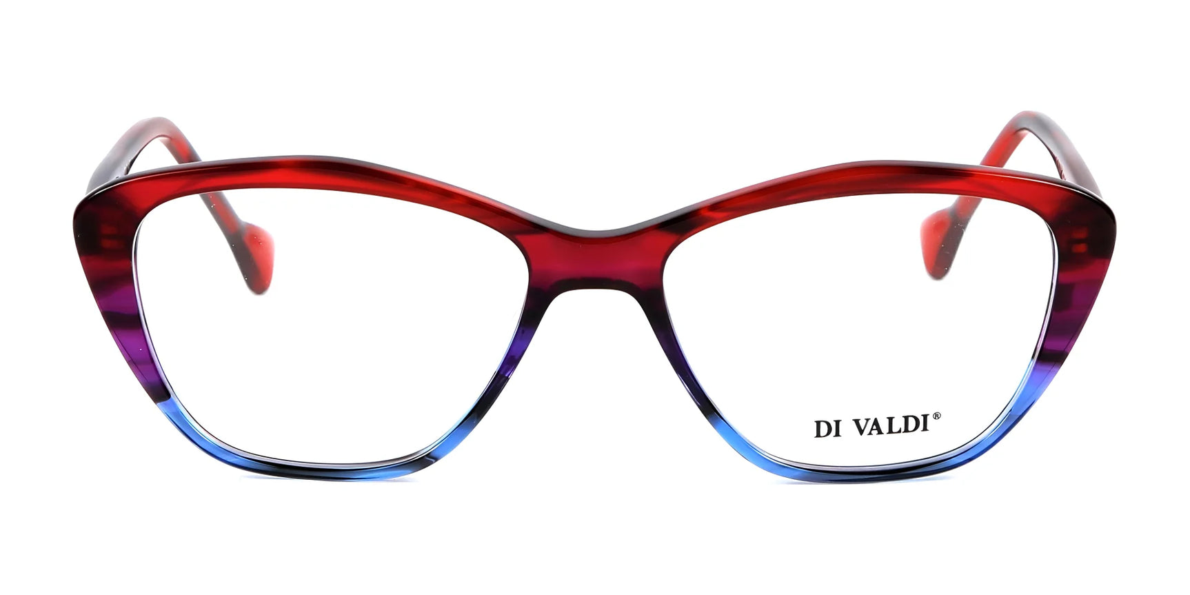 The Di Valdi DVO8148 Eyeglasses for women feature a striking cat-eye design, gradient red-to-blue frame, clear lenses, and the signature "DI VALDI" logo. Size 54. The Di Valdi DVO8148 Eyeglasses for women feature a striking cat-eye design, gradient red-to-blue frame, clear lenses, and the signature "DI VALDI" logo. Size 54.