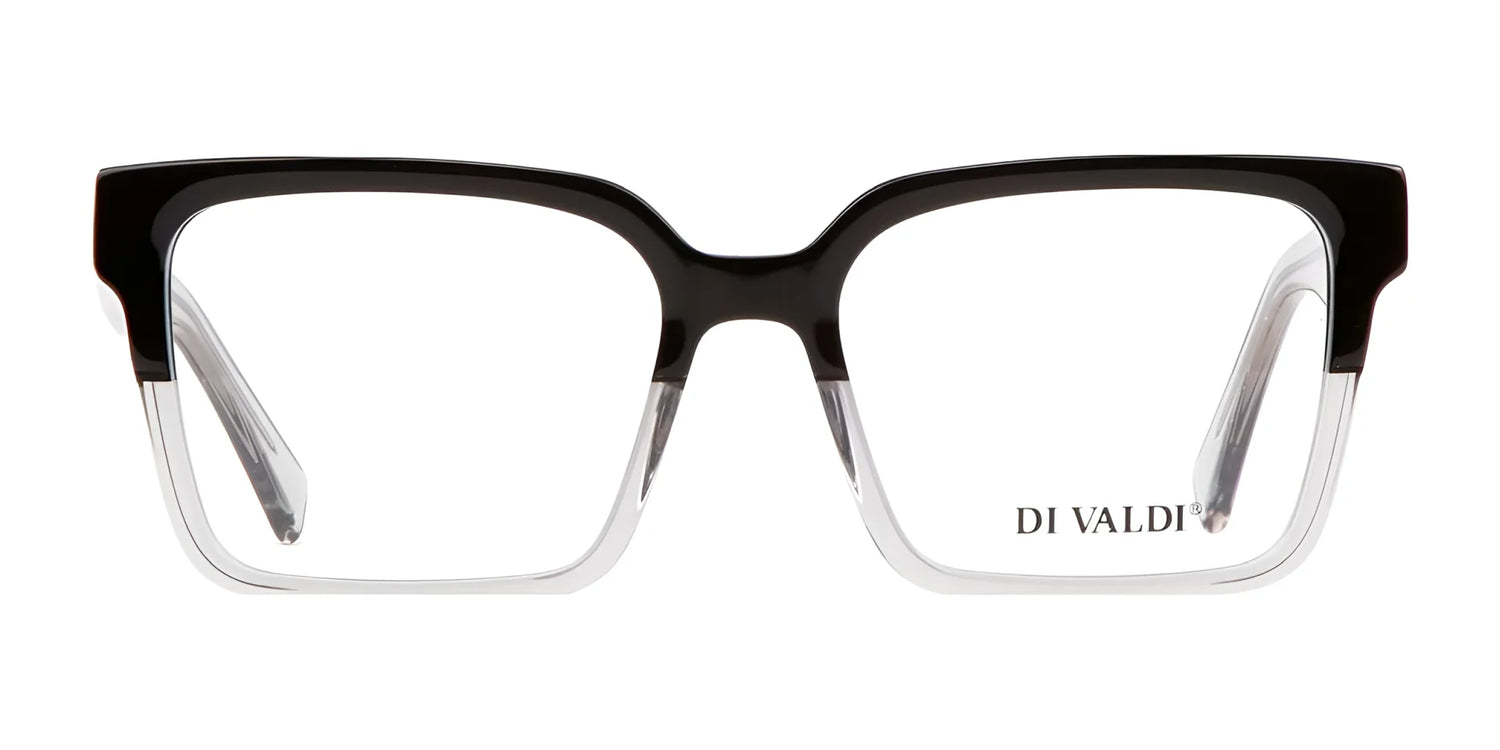 The Di Valdi DVO8175 Eyeglasses (Size 52) feature a black and clear rectangular full-rim design with Di Valdi branding on the right lens, offering a modern and versatile style. The Di Valdi DVO8175 Eyeglasses (Size 52) feature a black and clear rectangular full-rim design with Di Valdi branding on the right lens, offering a modern and versatile style.