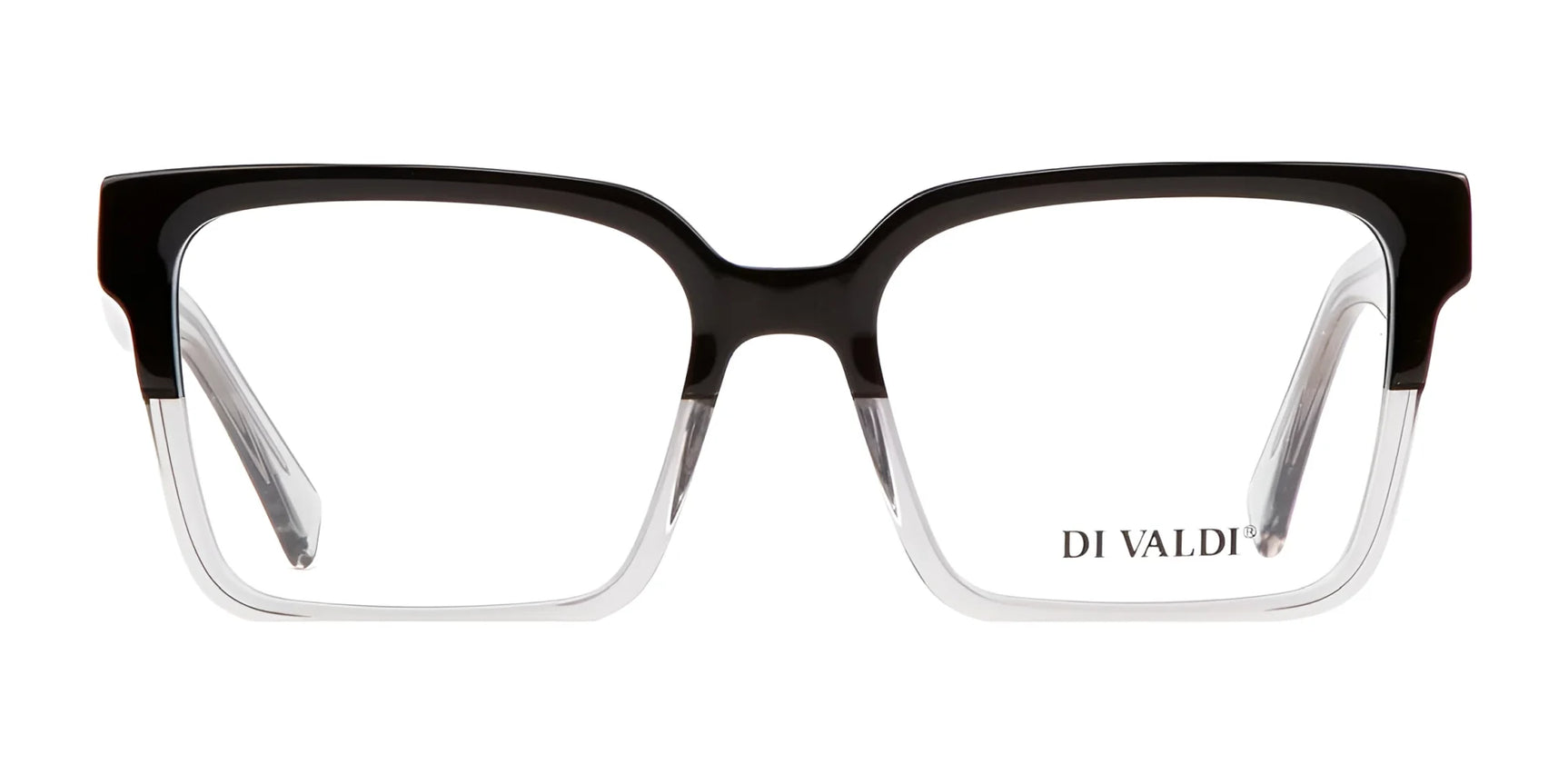 The Di Valdi DVO8175 Eyeglasses (Size 52) feature a black and clear rectangular full-rim design with Di Valdi branding on the right lens, offering a modern and versatile style. The Di Valdi DVO8175 Eyeglasses (Size 52) feature a black and clear rectangular full-rim design with Di Valdi branding on the right lens, offering a modern and versatile style.
