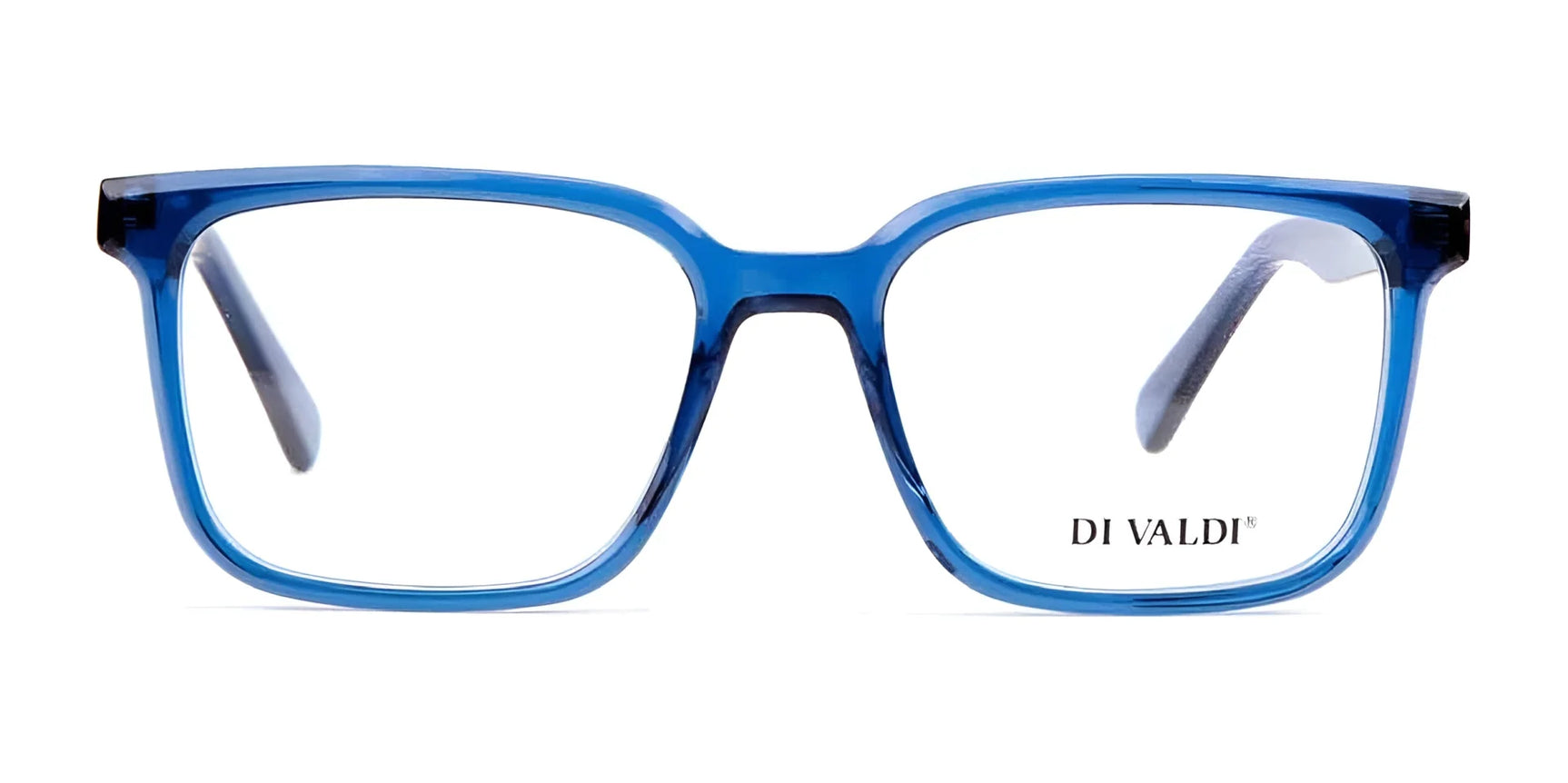 Di Valdi DVO8176 Eyeglasses in blue, rectangular frames with clear, prescription-ready lenses. The brand name appears on the lens, highlighting the stylish luxury of these Size 53 frames. Di Valdi DVO8176 Eyeglasses in blue, rectangular frames with clear, prescription-ready lenses. The brand name appears on the lens, highlighting the stylish luxury of these Size 53 frames.