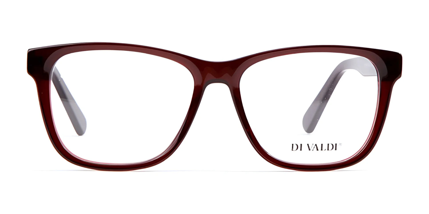 Di Valdi DVO8177 eyeglasses, size 54, in a red rectangular frame with clear prescription-ready lenses and the Di Valdi brand name on the right lens. Di Valdi DVO8177 eyeglasses, size 54, in a red rectangular frame with clear prescription-ready lenses and the Di Valdi brand name on the right lens.