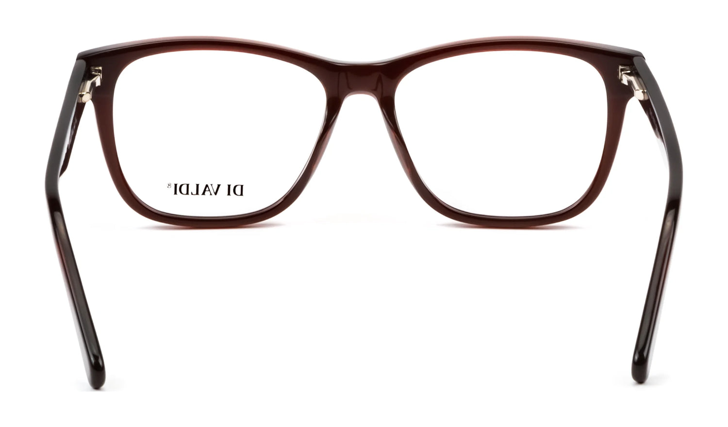 Front view of Di Valdi DVO8177 eyeglasses in brown cat eye style, with "DI VALDI" on the left lens. Size 54. Prescription ready for your convenience. Front view of Di Valdi DVO8177 eyeglasses in brown cat eye style, with "DI VALDI" on the left lens. Size 54. Prescription ready for your convenience.