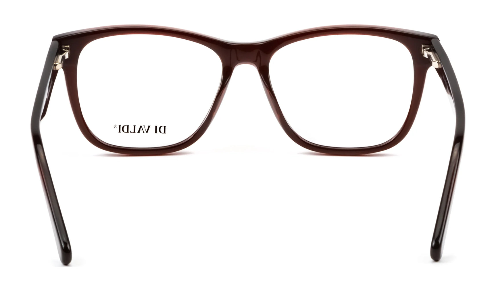 Front view of Di Valdi DVO8177 eyeglasses in brown cat eye style, with "DI VALDI" on the left lens. Size 54. Prescription ready for your convenience. Front view of Di Valdi DVO8177 eyeglasses in brown cat eye style, with "DI VALDI" on the left lens. Size 54. Prescription ready for your convenience.