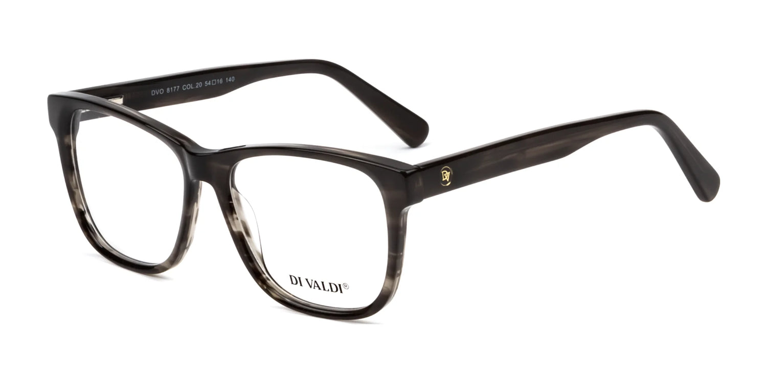 Black and gray rectangular Di Valdi DVO8177 Eyeglasses (Size 54) with clear, prescription-ready lenses and "DI VALDI" marked on the left lens. Black and gray rectangular Di Valdi DVO8177 Eyeglasses (Size 54) with clear, prescription-ready lenses and "DI VALDI" marked on the left lens.