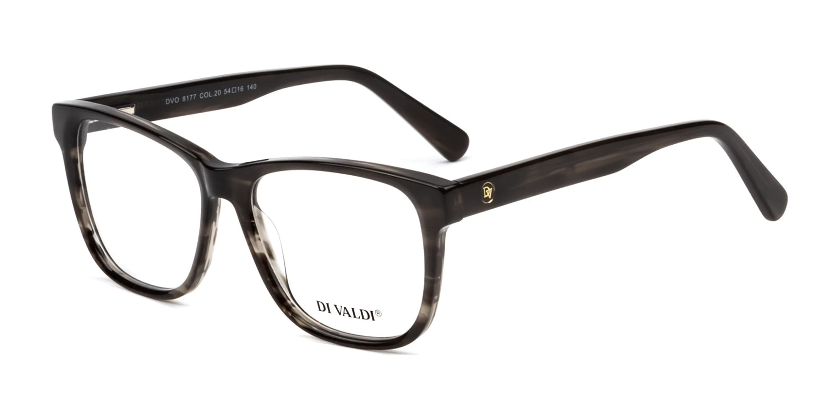 Black and gray rectangular Di Valdi DVO8177 Eyeglasses (Size 54) with clear, prescription-ready lenses and "DI VALDI" marked on the left lens. Black and gray rectangular Di Valdi DVO8177 Eyeglasses (Size 54) with clear, prescription-ready lenses and "DI VALDI" marked on the left lens.