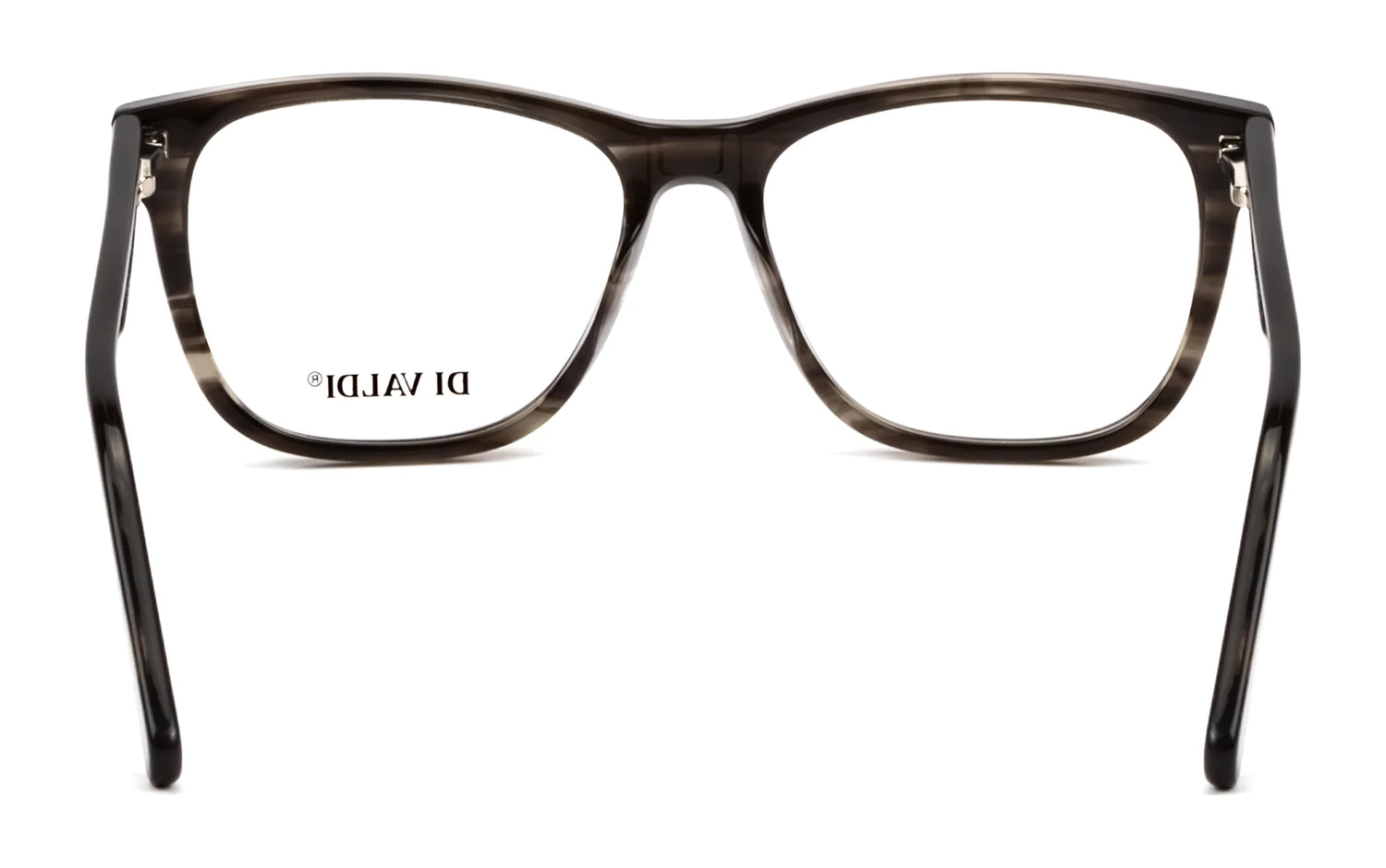 Di Valdi DVO8177 Eyeglasses, size 54, in black and clear cat eye style, prescription ready with "DI VALDI" text on the left lens, shown from behind. Di Valdi DVO8177 Eyeglasses, size 54, in black and clear cat eye style, prescription ready with "DI VALDI" text on the left lens, shown from behind.