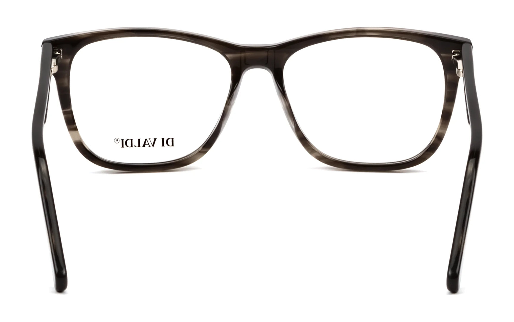 Di Valdi DVO8177 Eyeglasses, size 54, in black and clear cat eye style, prescription ready with "DI VALDI" text on the left lens, shown from behind. Di Valdi DVO8177 Eyeglasses, size 54, in black and clear cat eye style, prescription ready with "DI VALDI" text on the left lens, shown from behind.