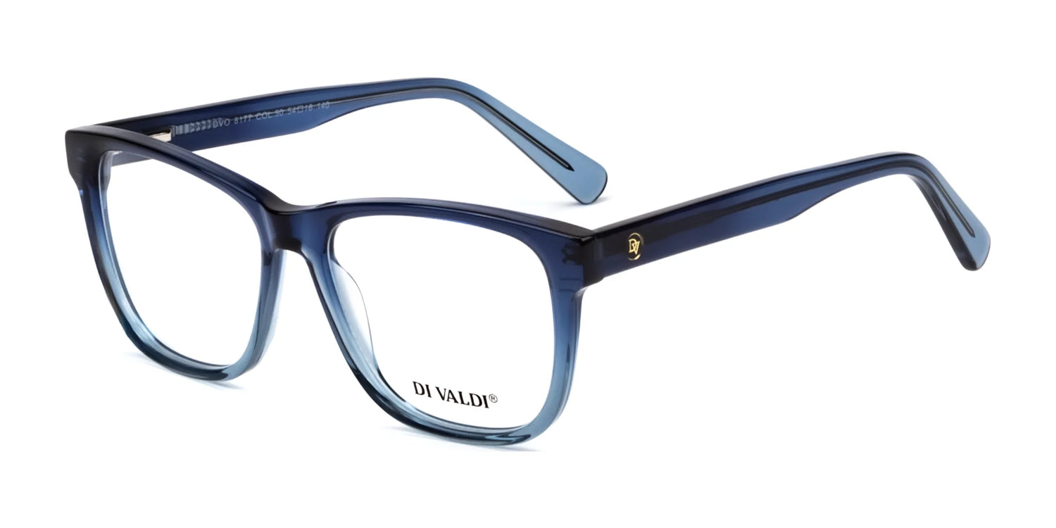 Blue rectangular Di Valdi DVO8177 Eyeglasses | Size 54 with clear, prescription-ready lenses and "DI VALDI" labeled on the inner left lens. Blue rectangular Di Valdi DVO8177 Eyeglasses | Size 54 with clear, prescription-ready lenses and "DI VALDI" labeled on the inner left lens.